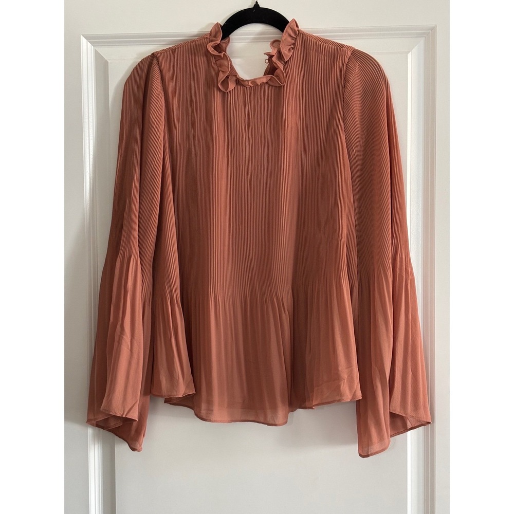 Naked Zebra Rust Ruffle Neck Bell Sleeve Blouse Rust Orange Clay NWT Small